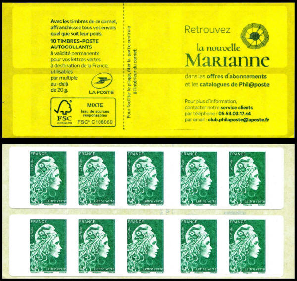 Carnet distributeur de 10 timbres autoadhésifs pour lettres vertes
